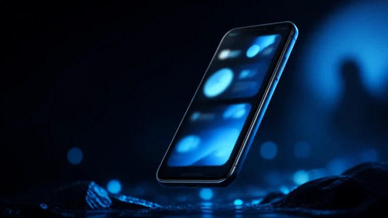 Aplicativo para empresa com smartphone flutuante e interface abstrata em azul