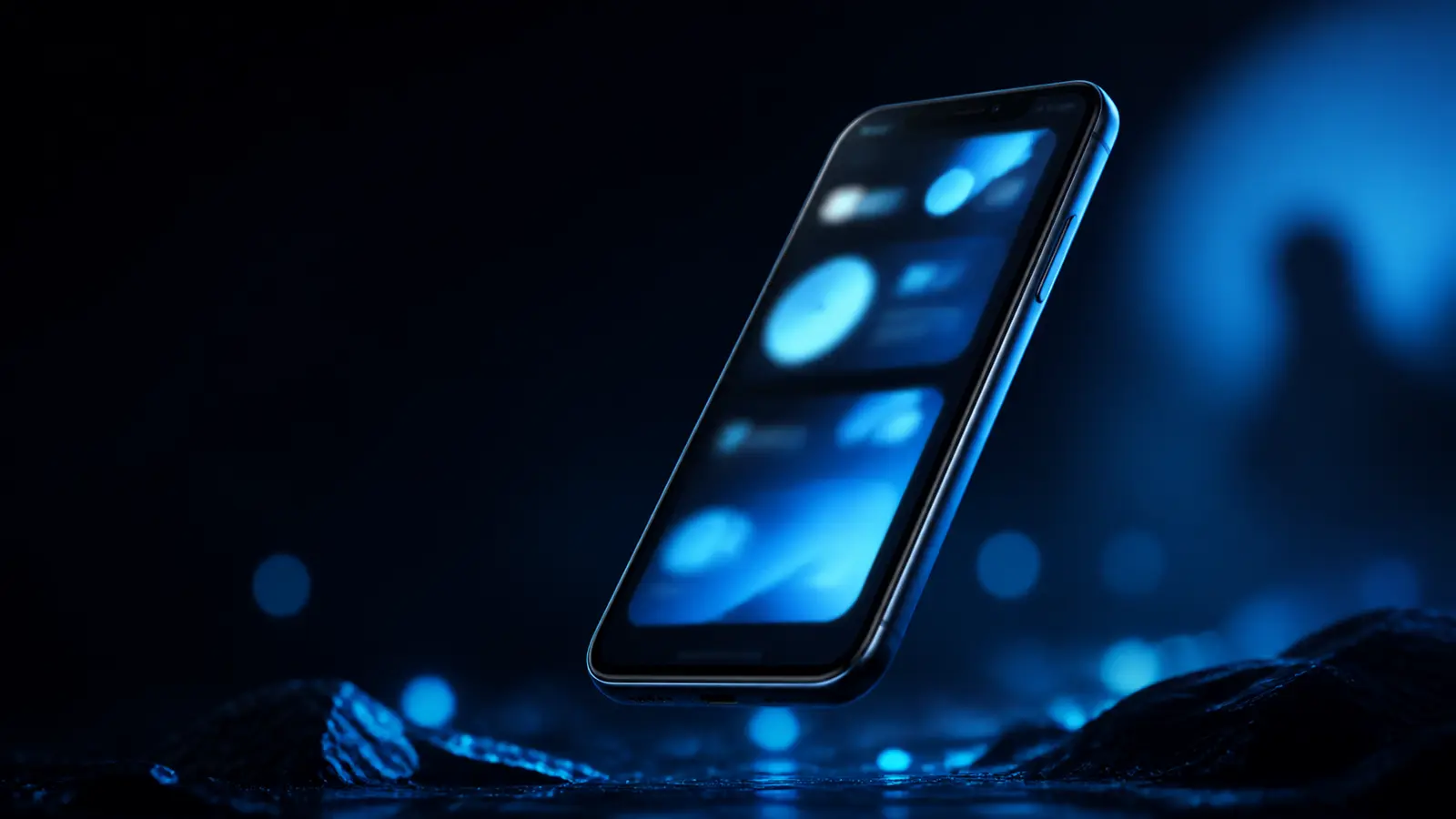 Aplicativo para empresa com smartphone flutuante e interface abstrata em azul