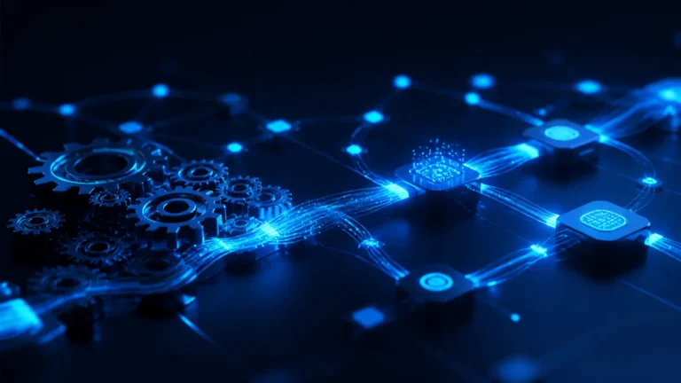 Automação empresarial com engrenagens e fluxo de dados abstrato em azul