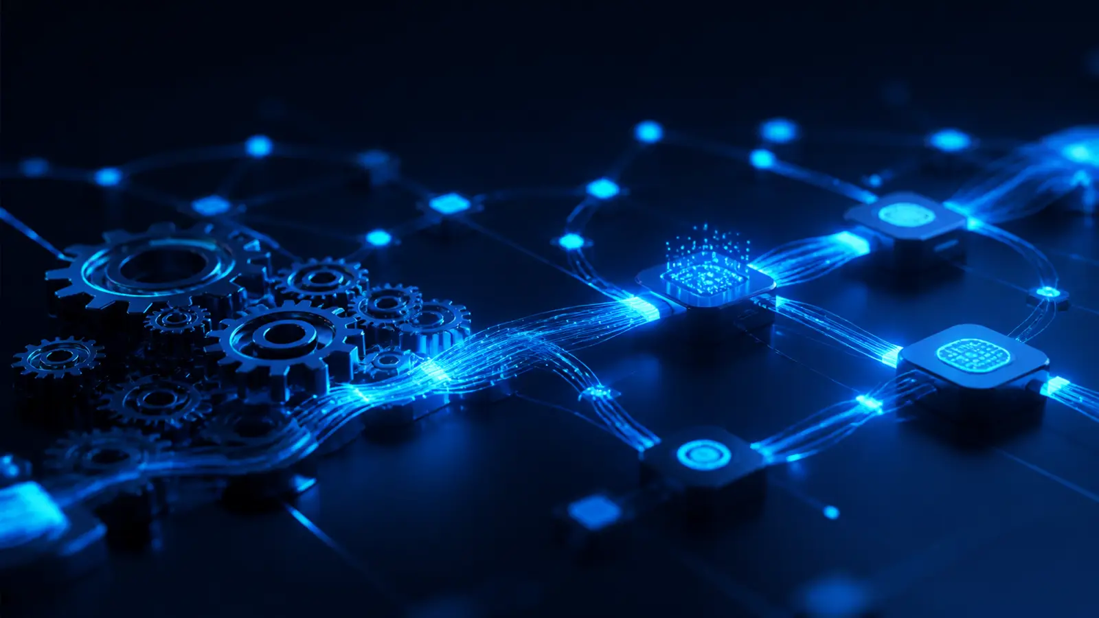 Automação empresarial com engrenagens e fluxo de dados abstrato em azul