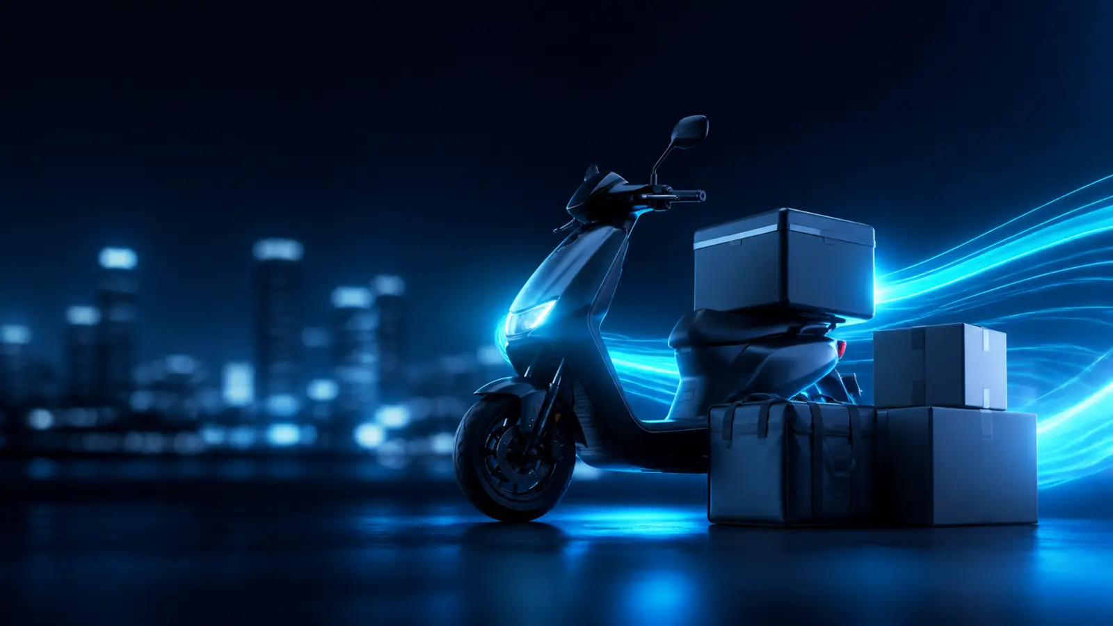 Delivery próprio com scooter estilizada e embalagens neutras em azul