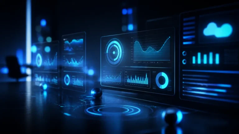 Desenvolvimento de sistemas web sob medida com dashboard holográfico abstrato em azul