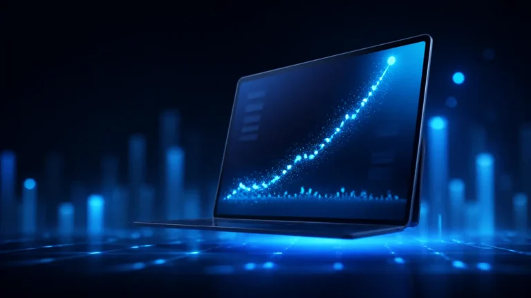 Landing page com notebook e gráfico abstrato de crescimento em azul