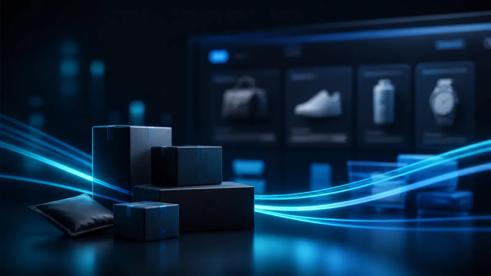 Loja virtual com embalagens neutras e vitrine digital abstrata em azul